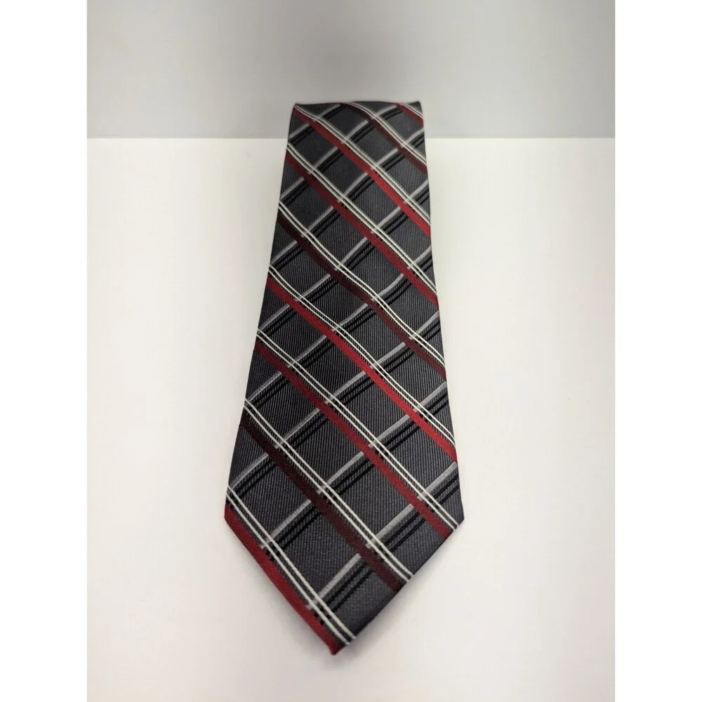Pronto Uomo Tartan Gray/Red 100% Silk Pointed Classic Necktie Tie‎